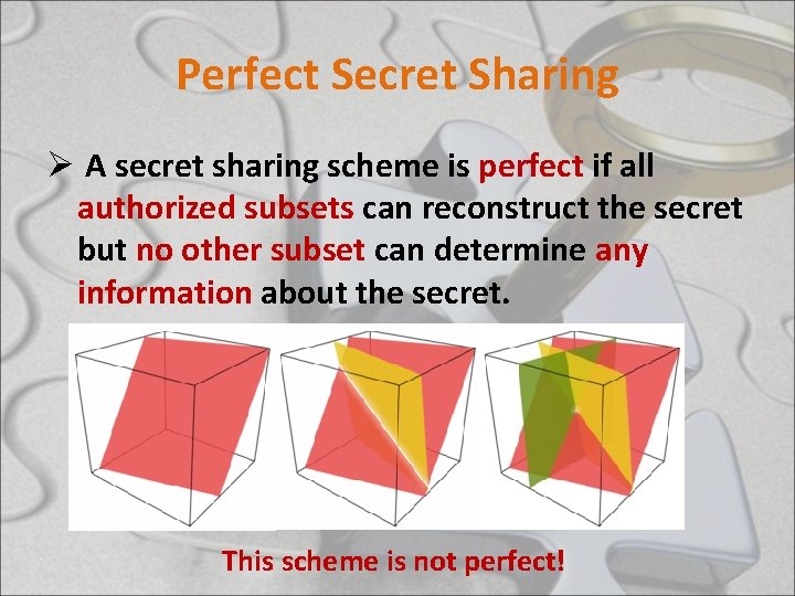 Perfect Secret Sharing Ø A secret sharing scheme is perfect if all authorized subsets