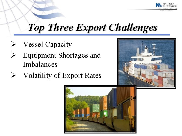 Top Three Export Challenges Ø Vessel Capacity Ø Equipment Shortages and Imbalances Ø Volatility