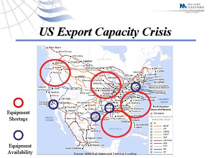 US Export Capacity Crisis Equipment Shortage Equipment Availability Source: IANA Rail Intermodal Terminal Directory