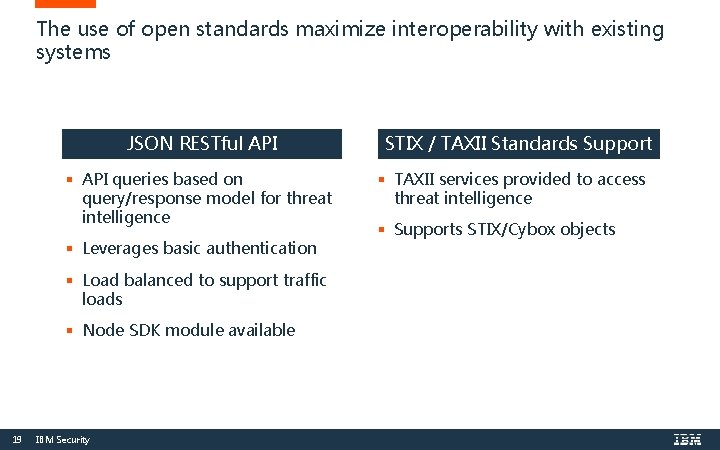 The use of open standards maximize interoperability with existing systems JSON RESTful API §