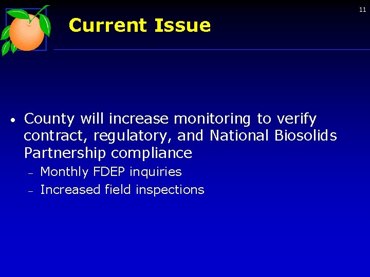 11 Current Issue • County will increase monitoring to verify contract, regulatory, and National