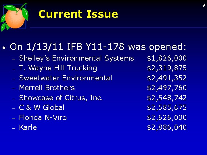 9 Current Issue • On 1/13/11 IFB Y 11 -178 was opened: - Shelley’s