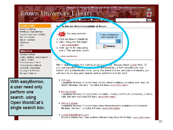With easy. Borrow, a user need only perform one search, using Open World. Cat’s