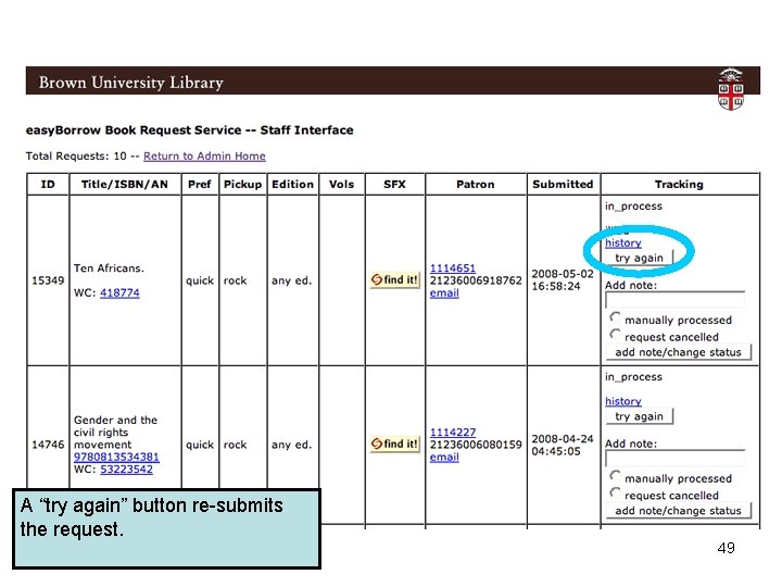 A “try again” button re-submits the request. 49 