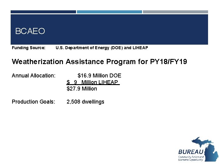 BCAEO Funding Source: U. S. Department of Energy (DOE) and LIHEAP Weatherization Assistance Program