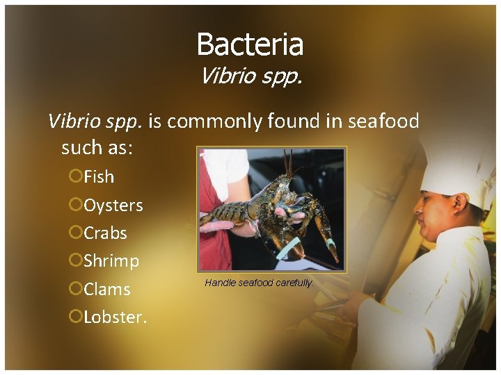 Bacteria Vibrio spp. is commonly found in seafood such as: ¡Fish ¡Oysters ¡Crabs ¡Shrimp