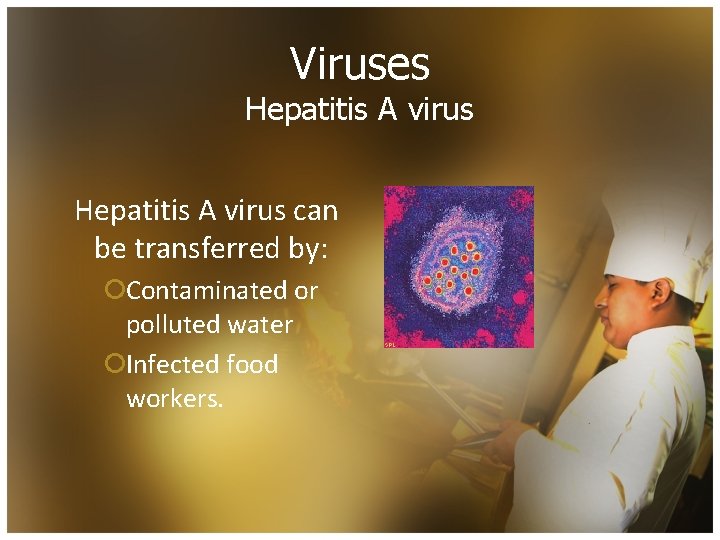 Viruses Hepatitis A virus can be transferred by: ¡Contaminated or polluted water ¡Infected food