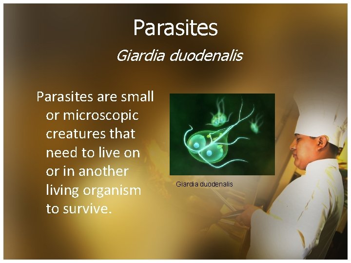 Parasites Giardia duodenalis Parasites are small or microscopic creatures that need to live on