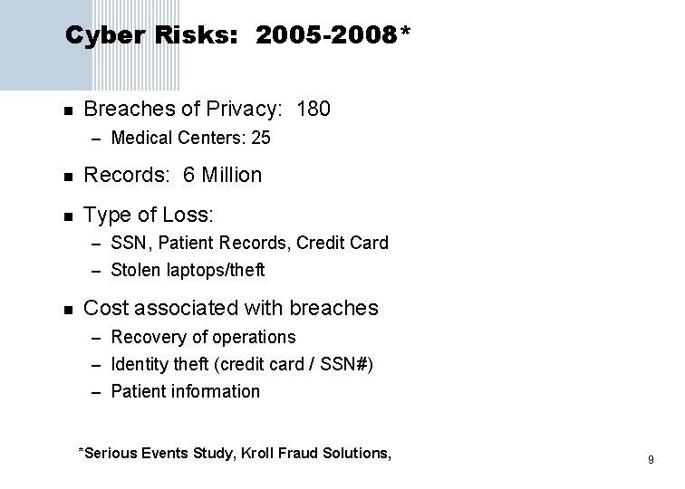 Cyber Risks: 2005 -2008* n Breaches of Privacy: 180 – Medical Centers: 25 n