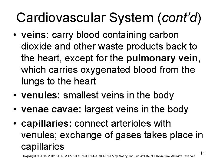 Cardiovascular System (cont’d) • veins: carry blood containing carbon dioxide and other waste products