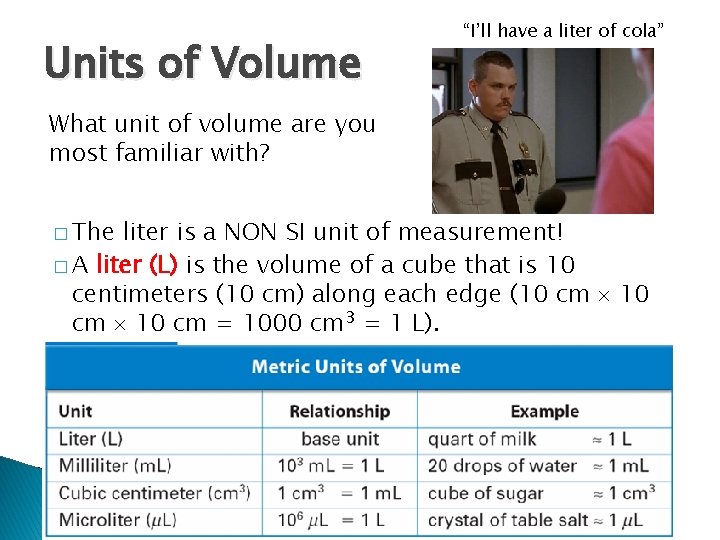 Units of Volume “I’ll have a liter of cola” What unit of volume are