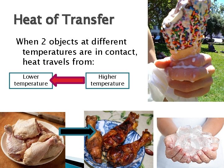Heat of Transfer When 2 objects at different temperatures are in contact, heat travels