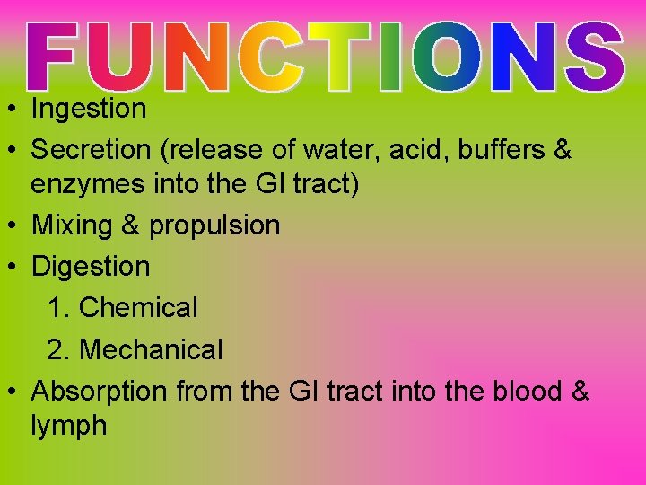  • Ingestion • Secretion (release of water, acid, buffers & enzymes into the