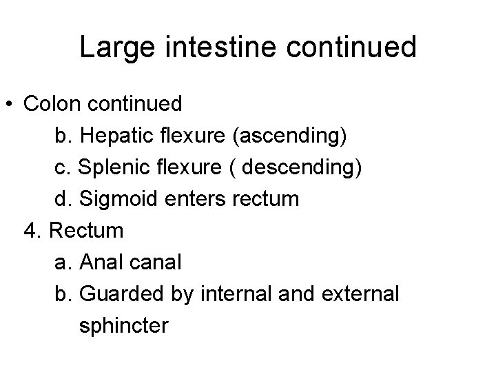 Large intestine continued • Colon continued b. Hepatic flexure (ascending) c. Splenic flexure (