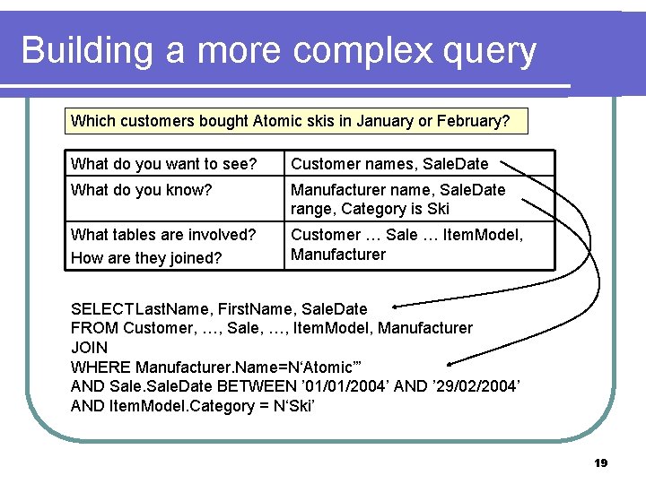 Building a more complex query Which customers bought Atomic skis in January or February? Building a more complex query Which customers bought Atomic skis in January or February?