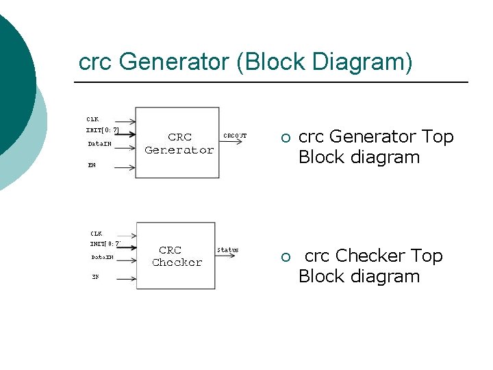 crc Generator (Block Diagram) ¡ crc Generator Top Block diagram ¡ crc Checker Top crc Generator (Block Diagram) ¡ crc Generator Top Block diagram ¡ crc Checker Top