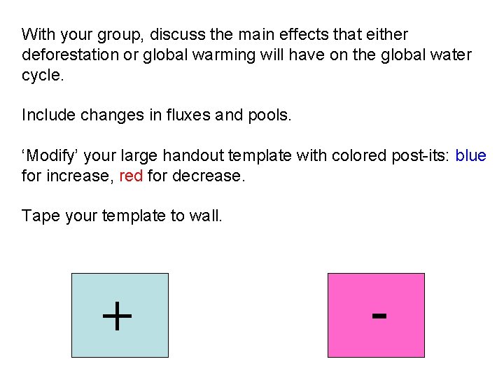 With your group, discuss the main effects that either deforestation or global warming will