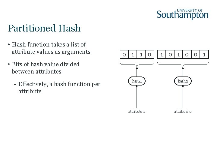 Partitioned Hash • Hash function takes a list of attribute values as arguments 0