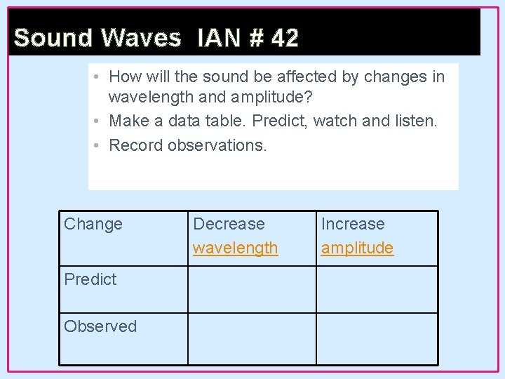 Sound Waves IAN # 42 • How will the sound be affected by changes Sound Waves IAN # 42 • How will the sound be affected by changes