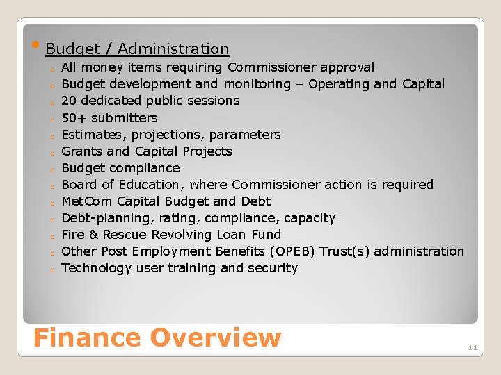  • Budget / Administration o o o o All money items requiring Commissioner