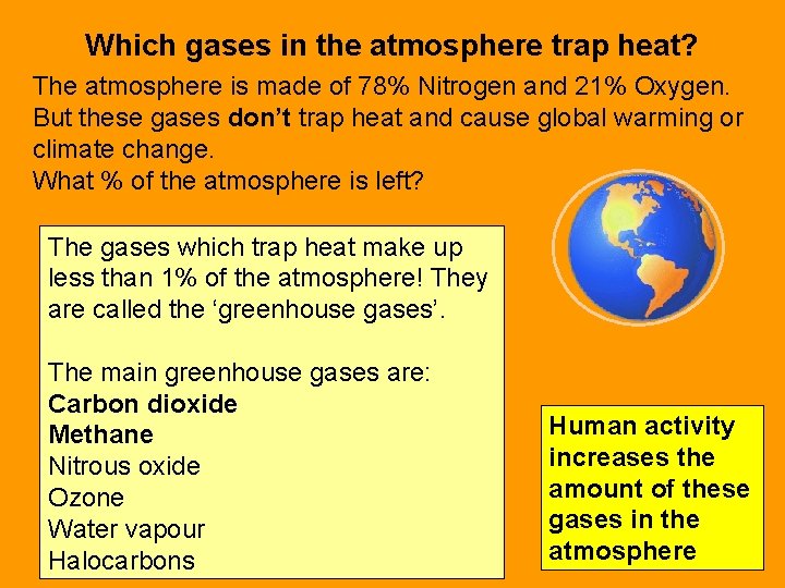 Which gases in the atmosphere trap heat? The atmosphere is made of 78% Nitrogen