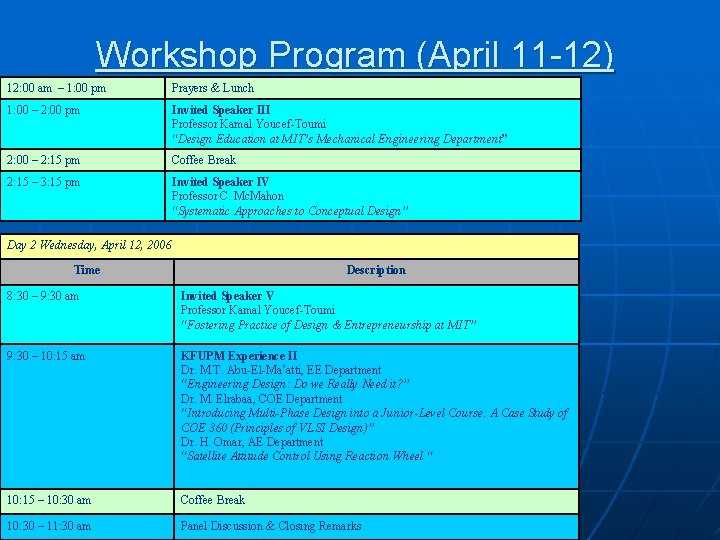 Workshop Program (April 11 -12) 12: 00 am – 1: 00 pm Prayers &