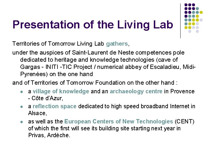 Presentation of the Living Lab Territories of Tomorrow Living Lab gathers, under the auspices