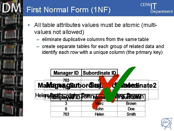 First Normal Form (1 NF) • All table attributes values must be atomic (multivalues