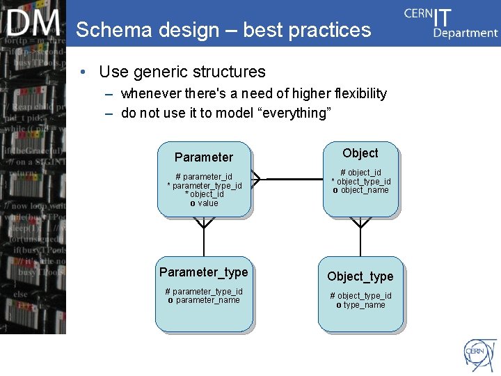 Schema design – best practices • Use generic structures – whenever there's a need