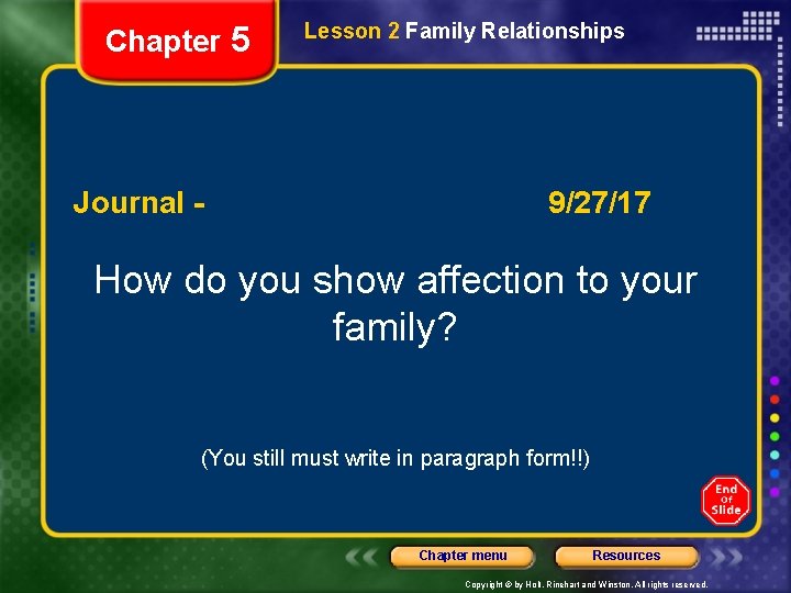 Chapter 5 Lesson 2 Family Relationships Bellringer Write