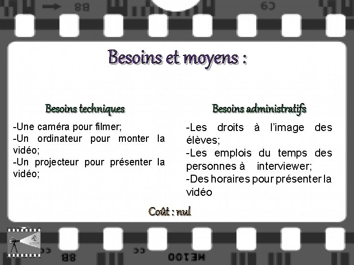 Besoins et moyens : Besoins techniques Besoins administratifs -Une caméra pour filmer; -Un ordinateur