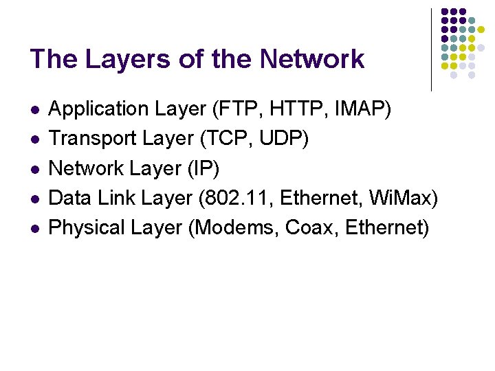 The Layers of the Network l l l Application Layer (FTP, HTTP, IMAP) Transport