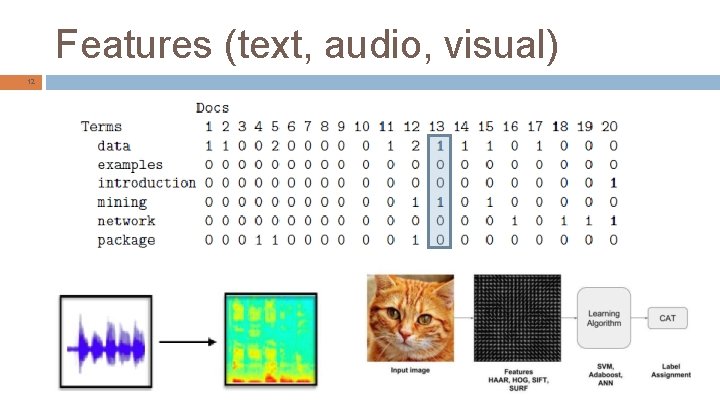 Features (text, audio, visual) 12 
