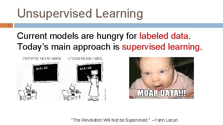 Unsupervised Learning 40 Current models are hungry for labeled data. Today’s main approach is