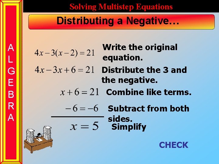 Solving Multistep Equations Distributing a Negative… A L G E B R A Write