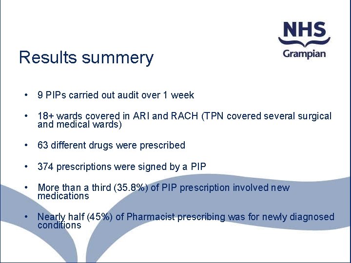 Results summery • 9 PIPs carried out audit over 1 week • 18+ wards