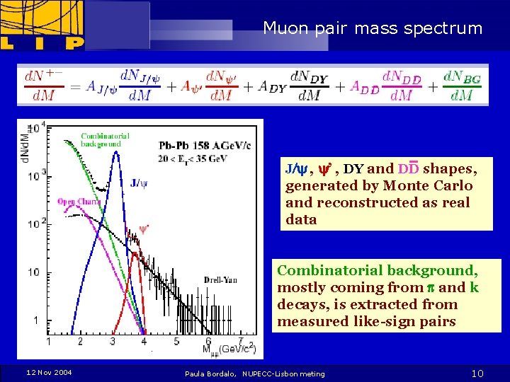 Muon pair mass spectrum J/y , y’ , DY and DD shapes, generated by