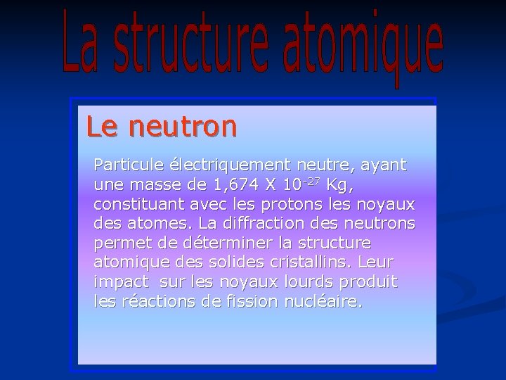 Le neutron Particule électriquement neutre, ayant une masse de 1, 674 X 10 -27