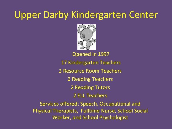 Upper Darby Kindergarten Center Opened in 1997 17 Kindergarten Teachers 2 Resource Room Teachers