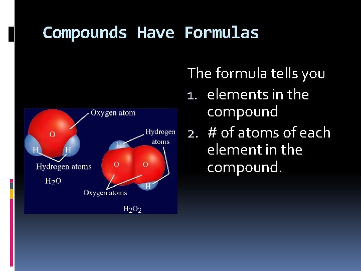 Compounds Have Formulas The formula tells you 1. elements in the compound 2. #