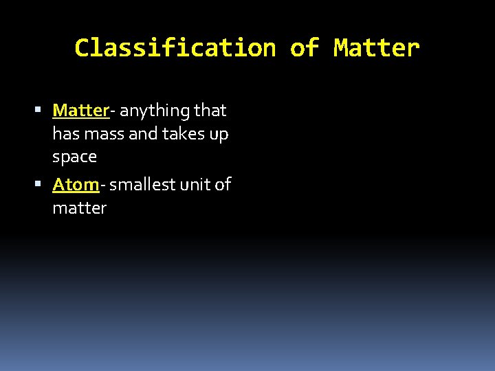 Classification of Matter- anything that has mass and takes up space Atom- smallest unit