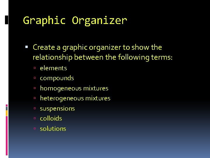 Graphic Organizer Create a graphic organizer to show the relationship between the following terms:
