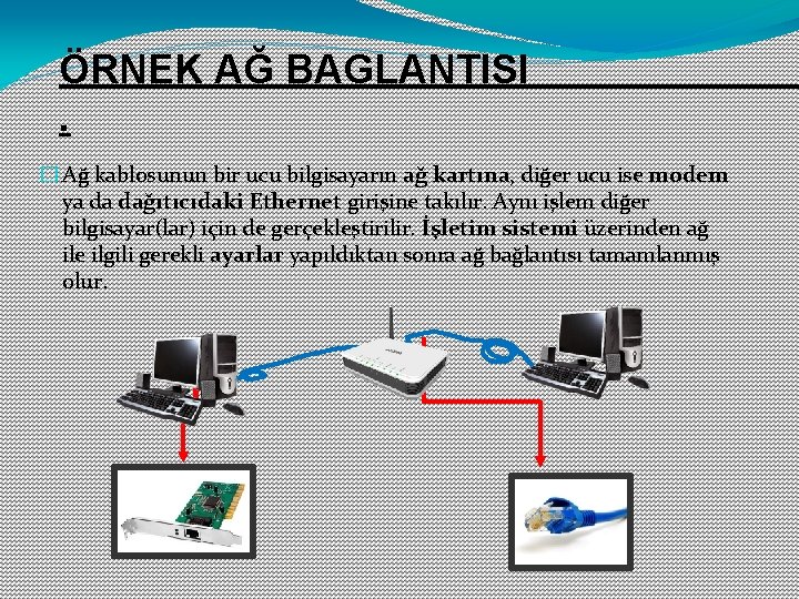 ÖRNEK AĞ BAGLANTISI. � Ağ kablosunun bir ucu bilgisayarın ağ kartına, diğer ucu ise