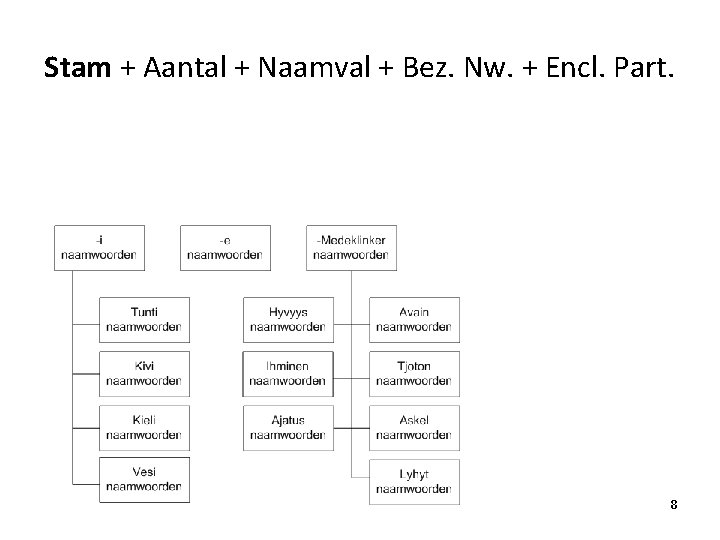 Stam + Aantal + Naamval + Bez. Nw. + Encl. Part. 8 