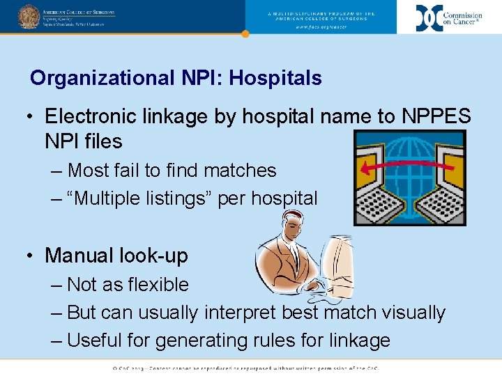 Organizational NPI: Hospitals • Electronic linkage by hospital name to NPPES NPI files –