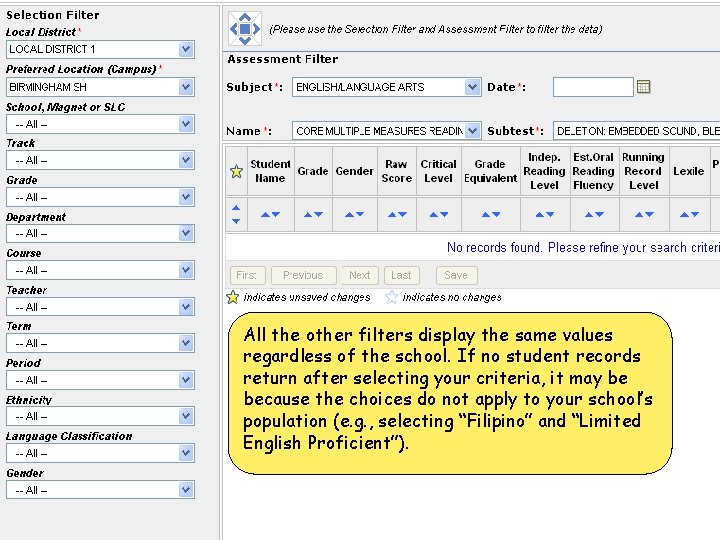 All the other filters display the same values regardless of the school. If no