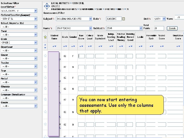 You can now start entering assessments. Use only the columns that apply. 