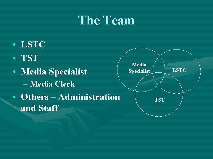 The Team • LSTC • TST • Media Specialist LSTC – Media Clerk •