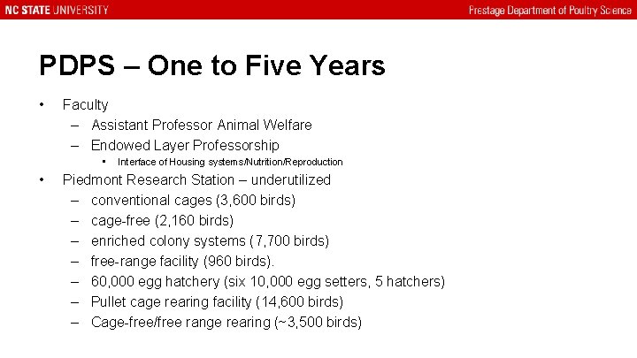 PDPS – One to Five Years • Faculty – Assistant Professor Animal Welfare –
