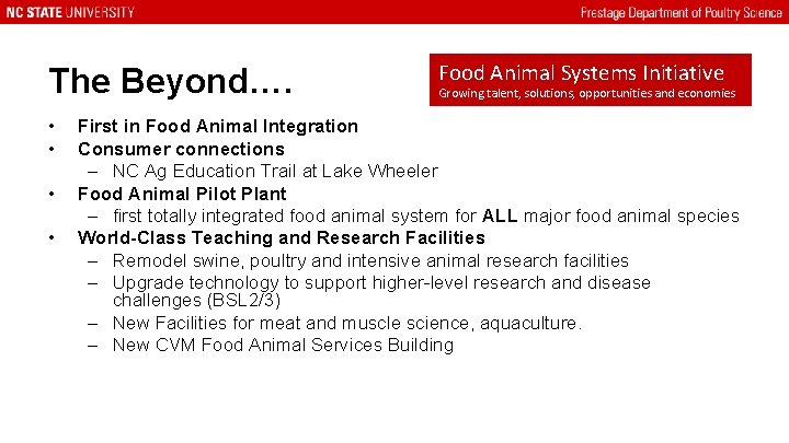 The Beyond…. • • Food Animal Systems Initiative Growing talent, solutions, opportunities and economies